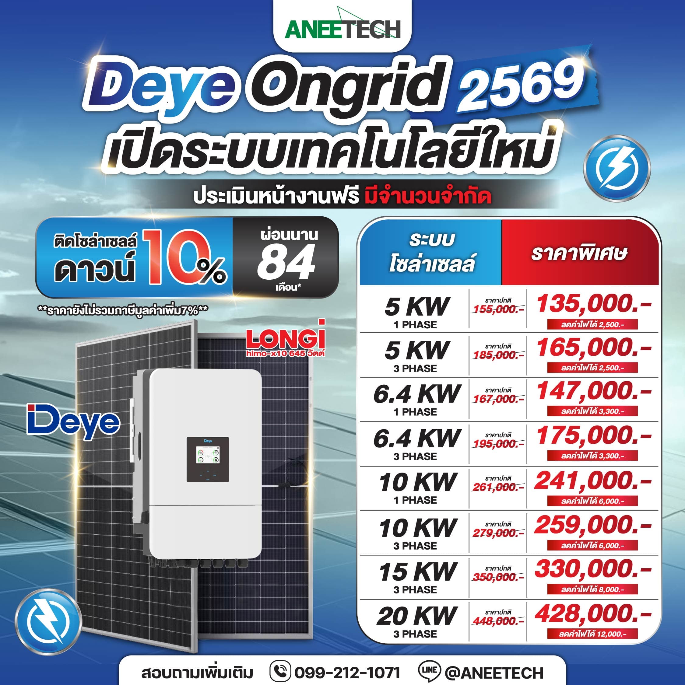 โปรโมชั่นติดตั้งโซล่าเซลล์ ANEETECH Deye Ongrid 2569 เทคโนโลยีใหม่ ราคาพิเศษสุดคุ้ม